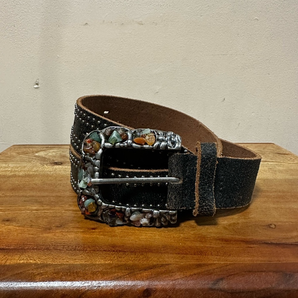 Black Leather Belt with Stone Embellished Buckle